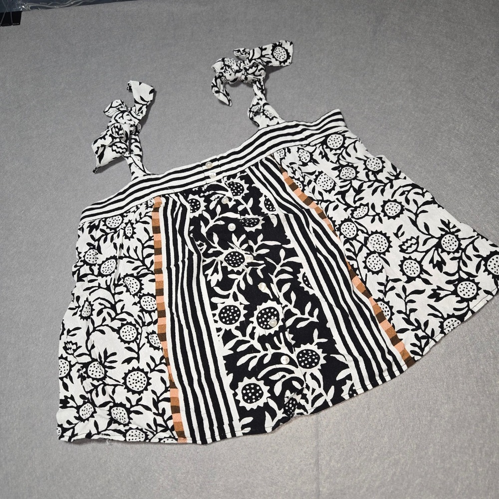 Jane + Delaney Black White Floral Striped Tie Strap Button Front Cami Top Small